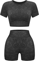 Women's 2-Piece Acid Wash Seamless Workout Set – High Waist Gym Shorts & Crop Top