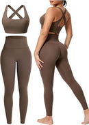 Women's 2-Piece Seamless Workout Set – High-Waisted Leggings & Cross-Back Padded Sports Bra