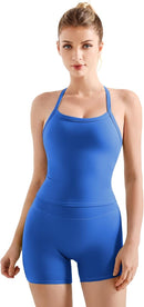 Women's 2-Piece Tummy Control Workout Set – Padded Halter Tank Top & High Waist Biker Shorts