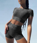 Women's 2-Piece Acid Wash Seamless Workout Set – High Waist Gym Shorts & Crop Top