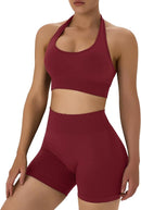 Women's 2-Piece Seamless Halter Workout Set – High Waist Scrunch Butt Lifting Biker Shorts