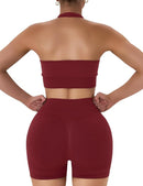 Women's 2-Piece Seamless Halter Workout Set – High Waist Scrunch Butt Lifting Biker Shorts